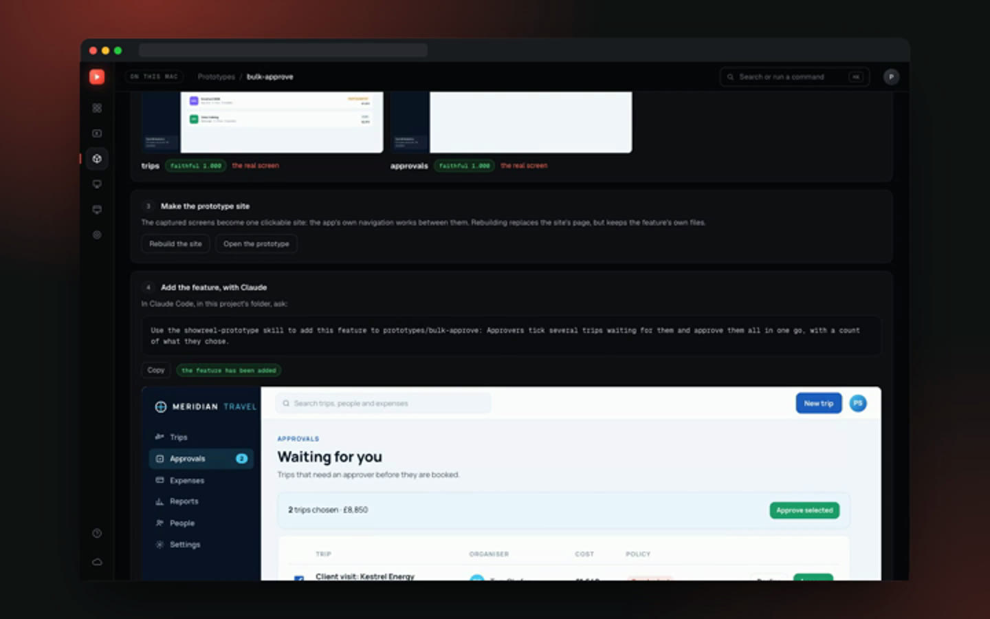 A prototype of a new feature, built from the app's own screens