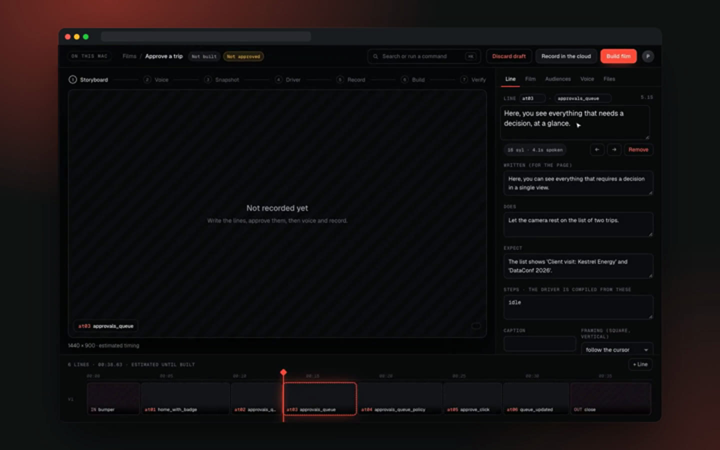 A storyboard written by exploring the app, its lines laid out as clips